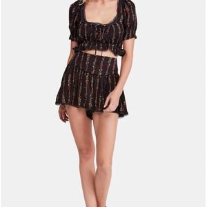 Free People Wild Love Black Floral Stripe Two Piece Set Top & Shorts Size Medium
